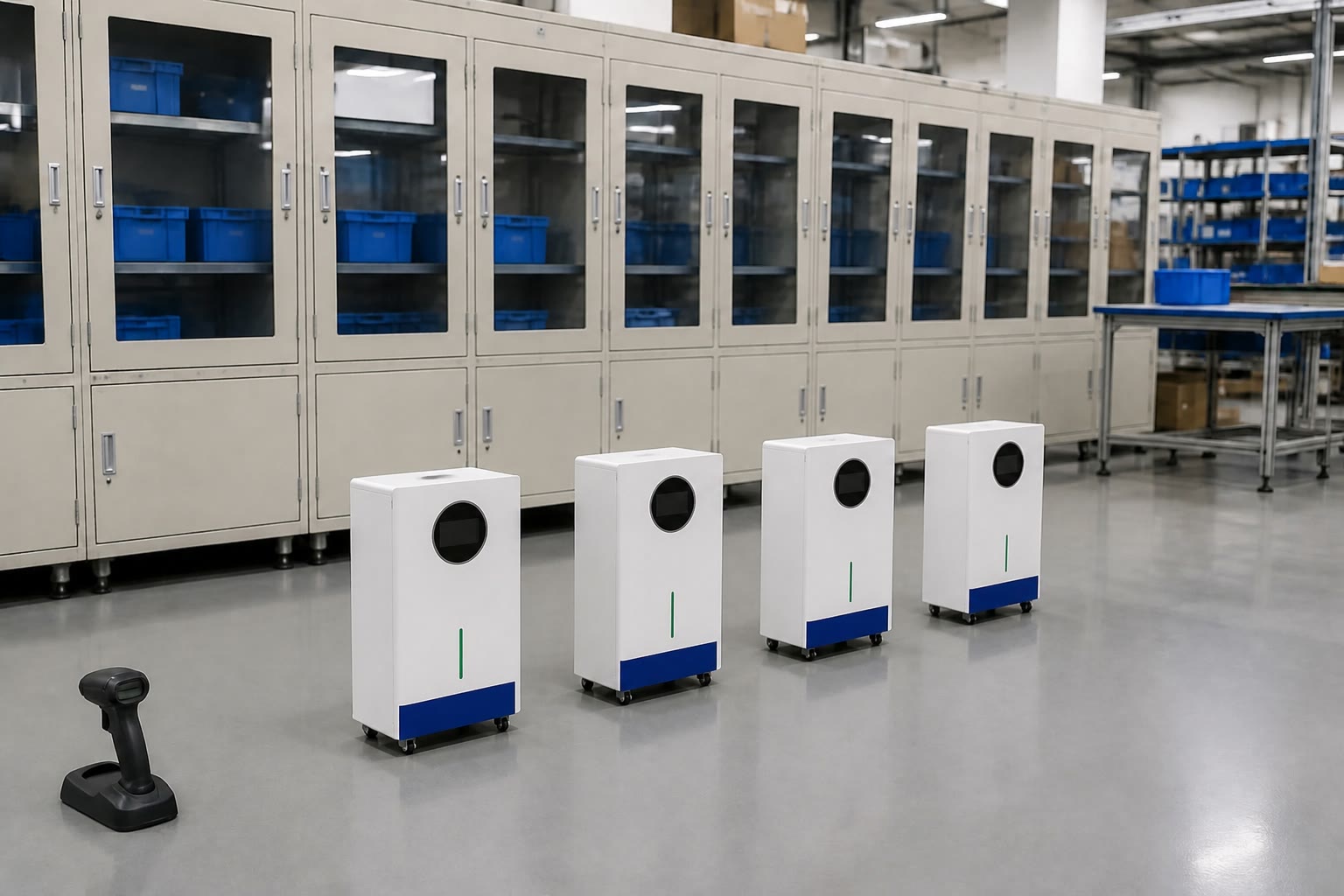 Batterie LiFePO4 a pavimento posizionate vicino agli armadietti di ispezione