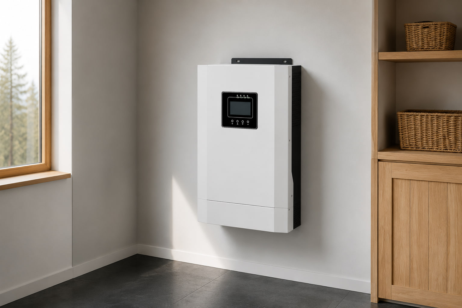 Falownik off-grid AMPEXE A2400 wyświetlany jako niepodłączony w kompaktowej wnęce w niezależnym domu