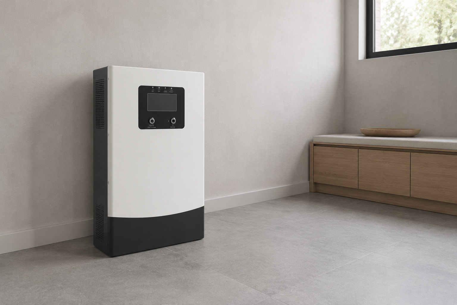 L'inverter AMPEXE A3000 visualizzato con le porte vuote in una moderna sala di preparazione per il backup domestico