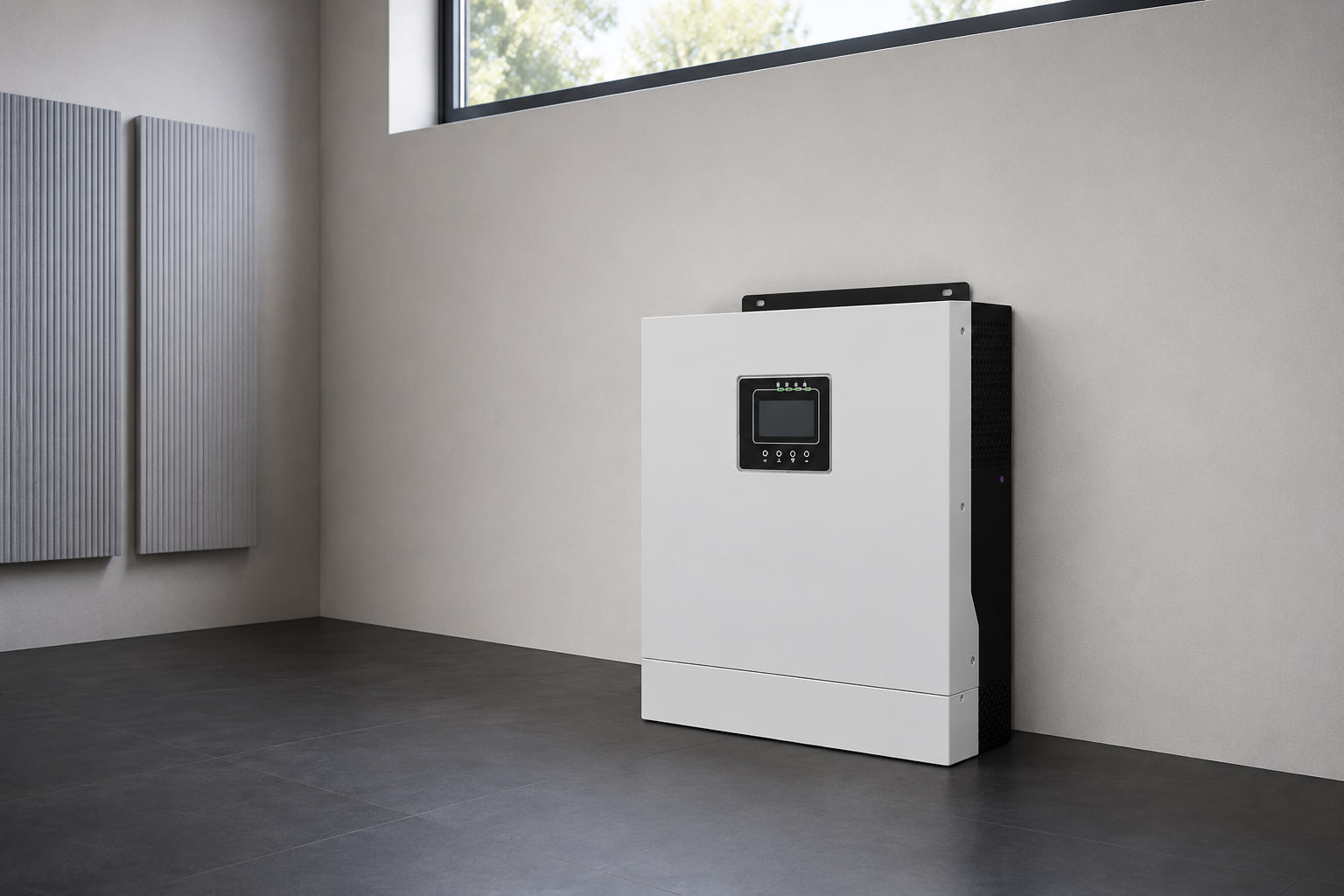 L'inverter off-grid AMPEXE A6200 viene visualizzato non connesso in spaziosa sala energetica di proprietà indipendente