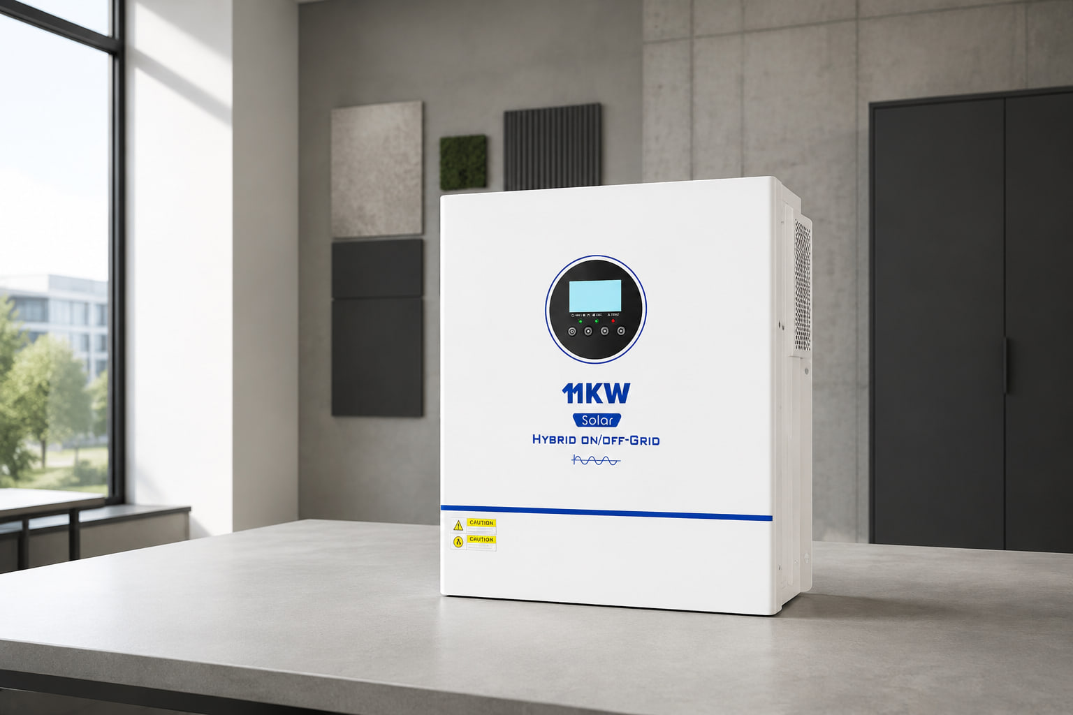 L'inverter solare AMPEXE MPPT visualizzato con porte vuote in uno studio di pianificazione di progetti contemporanei