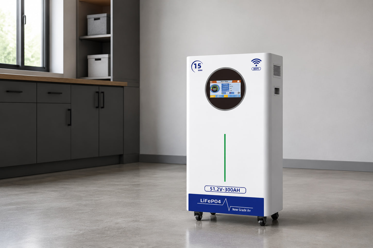 La batteria al litio da pavimento AMPEXE viene visualizzata completamente scollegata in una stanza meccanica residenziale pulita.