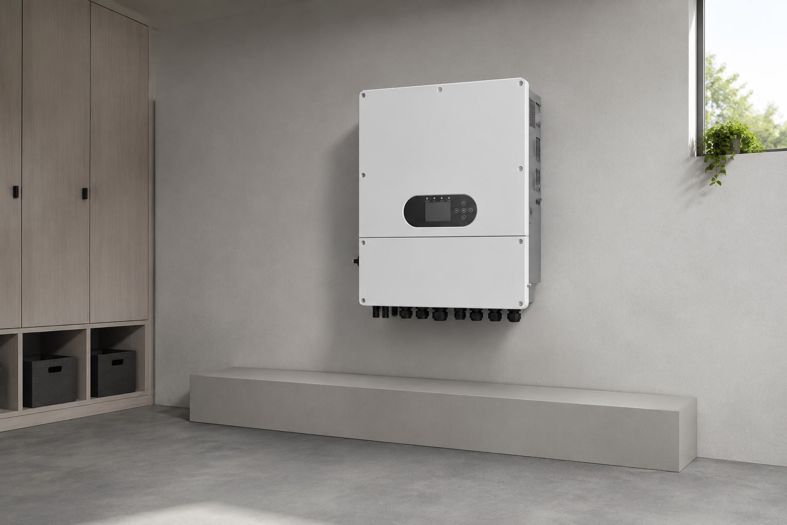 Gli inverter ibridi AMPEXE da 6000 W e 8000 W visualizzati non collegati in un moderno ripostiglio residenziale