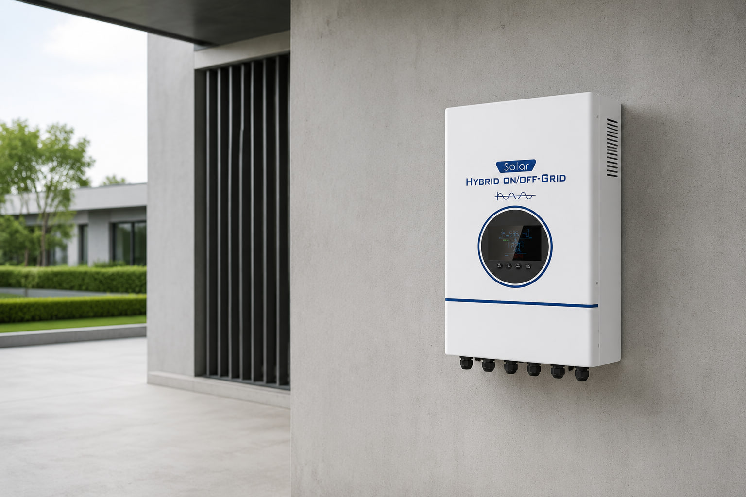 Inverter ibrido AMPEXE IP66 visualizzato con porte vuote su una parete esterna riparata