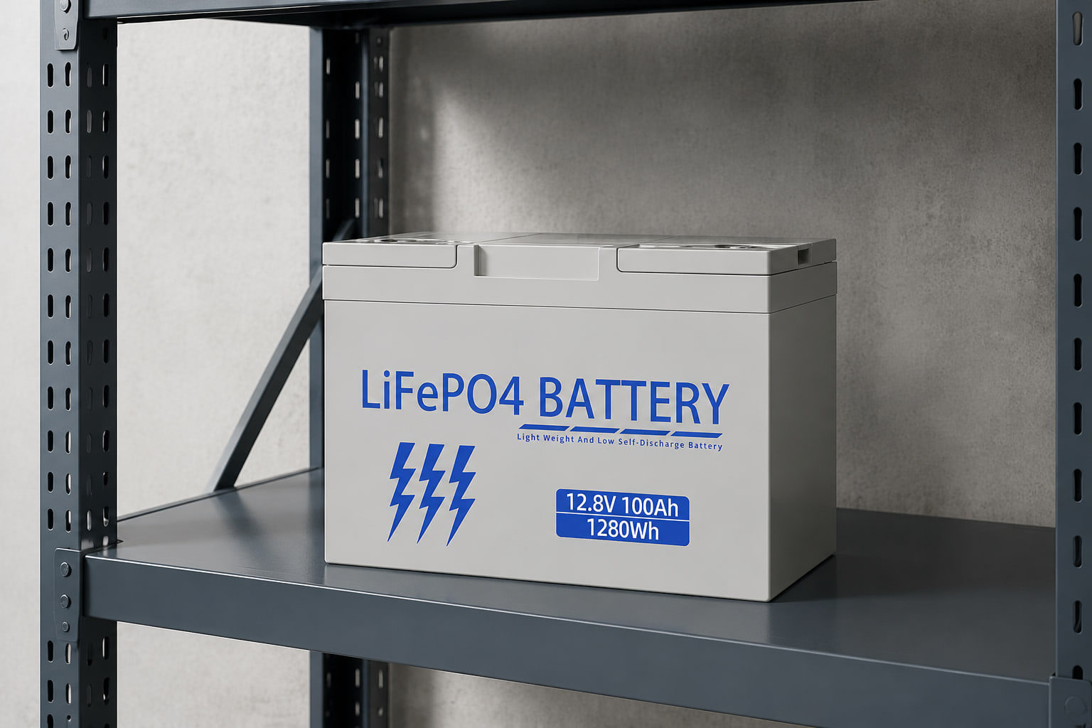 Батерията AMPEXE LiFePO4 е напълно разкачена на чиста индустриален рафт за съхранение.