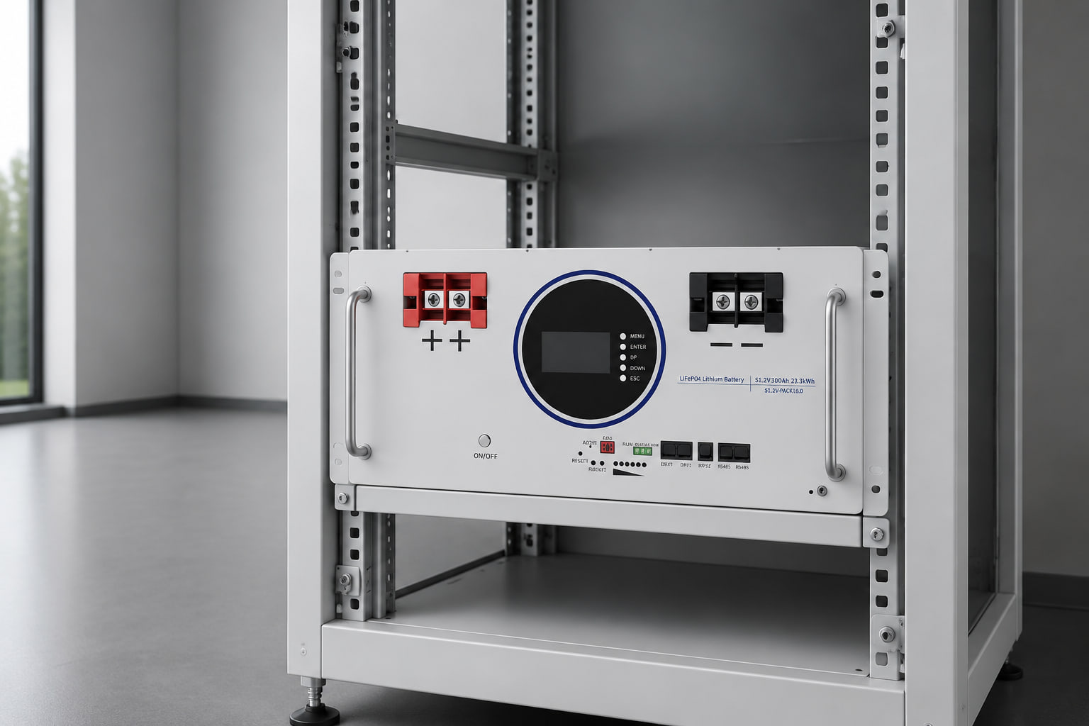Batteria al litio AMPEXE montata su rack posizionata completamente scollegata in un rack energetico aperto organizzato.