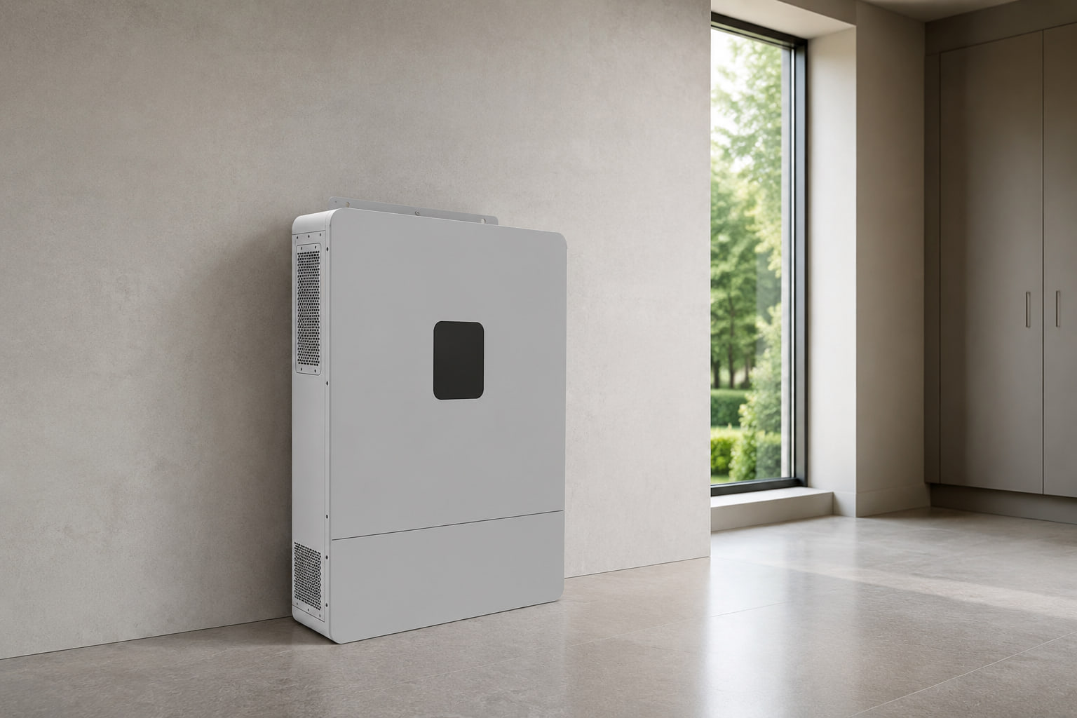 L'inverter di accumulo monofase e split AMPEXE visualizzato senza connessione in un locale tecnico residenziale premium